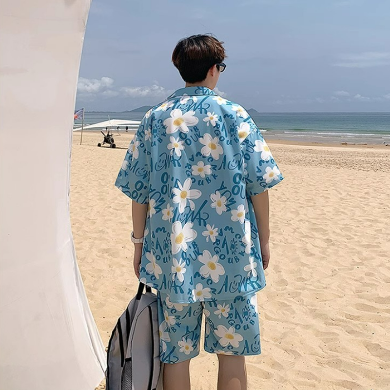 【套裝】冰絲薄款寬鬆短袖花襯衫+休閒速乾沙灘短褲兩件套裝-vivivale