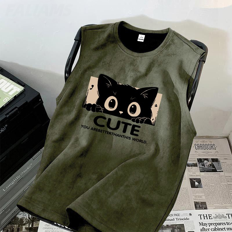 麂皮絨薄款寬鬆休閒貓咪印花背心