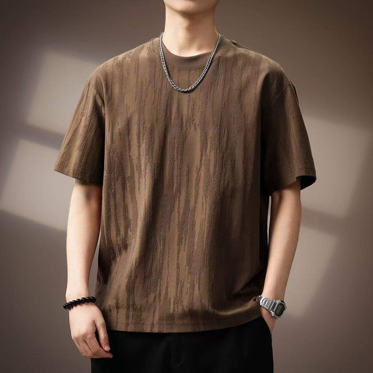 重磅百搭提花圓領復古寬鬆短袖T恤-vivivale