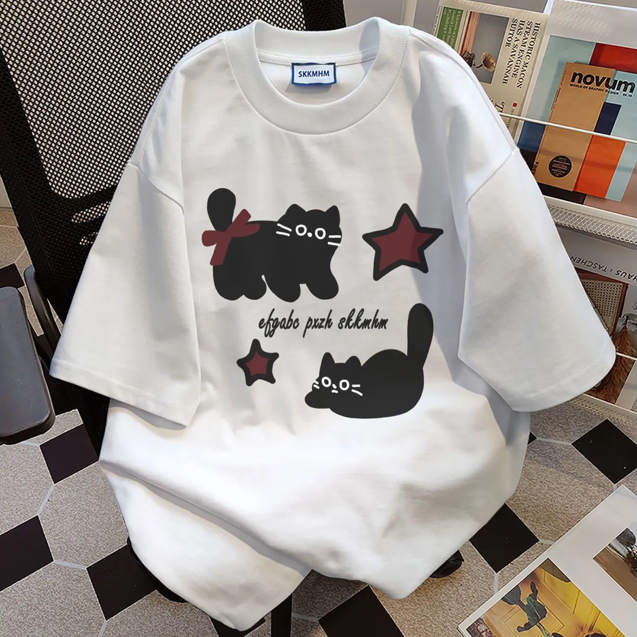 重磅純棉韓版潮流趣味可愛貓咪印花短袖T恤-vivivale