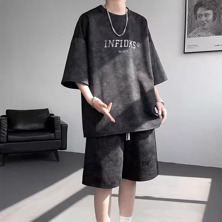 【整套】港風復古美式高街紮染寬松短袖+百搭休閑短褲兩件套裝
