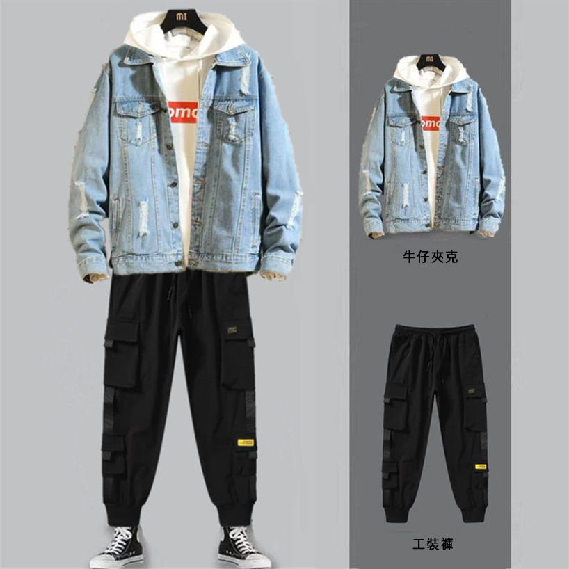 【套裝】牛仔潮流休閒夾克+印花衛衣+搭配帥氣褲裝三件套套裝