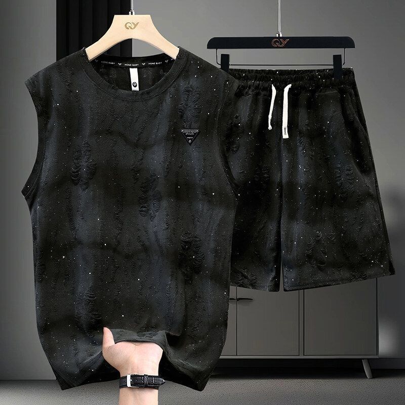 【整套】紮染輕奢破洞薄款提花無袖t恤+休閑短褲兩件套