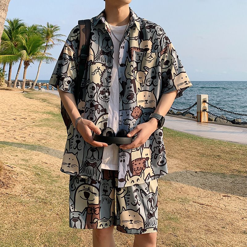 【套裝】冰絲薄款寬鬆短袖花襯衫+休閒速乾沙灘短褲兩件套裝-vivivale