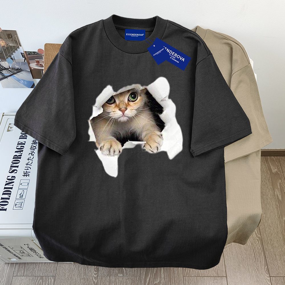 9色百搭純棉小貓印花寬鬆休閒小眾短袖-vivivale