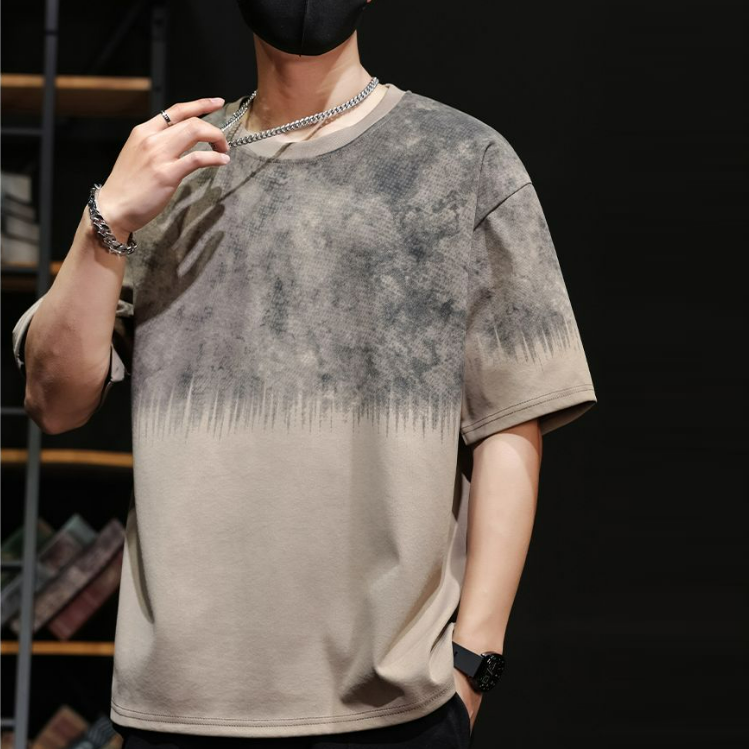 漸變潮流寬鬆設計感圓領短袖T恤-vivivale