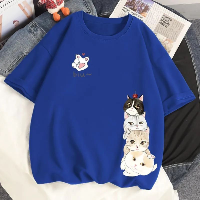 時尚休閑貓咪印花寬鬆大碼顯瘦短袖t恤
