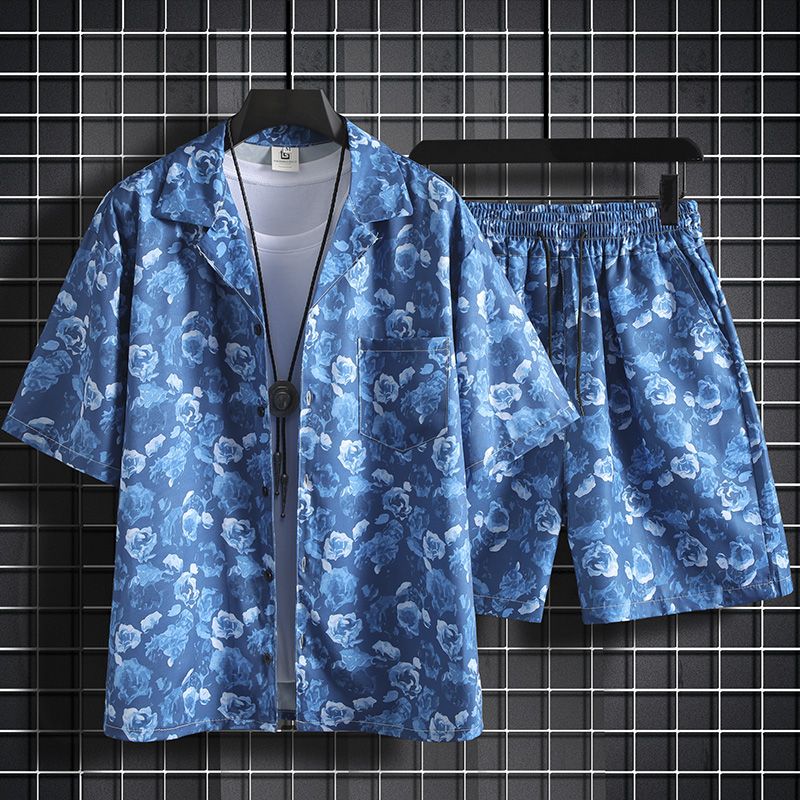 【套裝】冰絲薄款寬鬆沙灘碎花短袖襯衫+短褲兩件套裝-vivivale