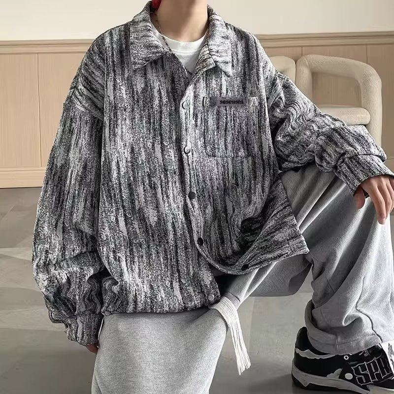 美式高街潮流休閒帥氣寬鬆紮染長袖襯衫