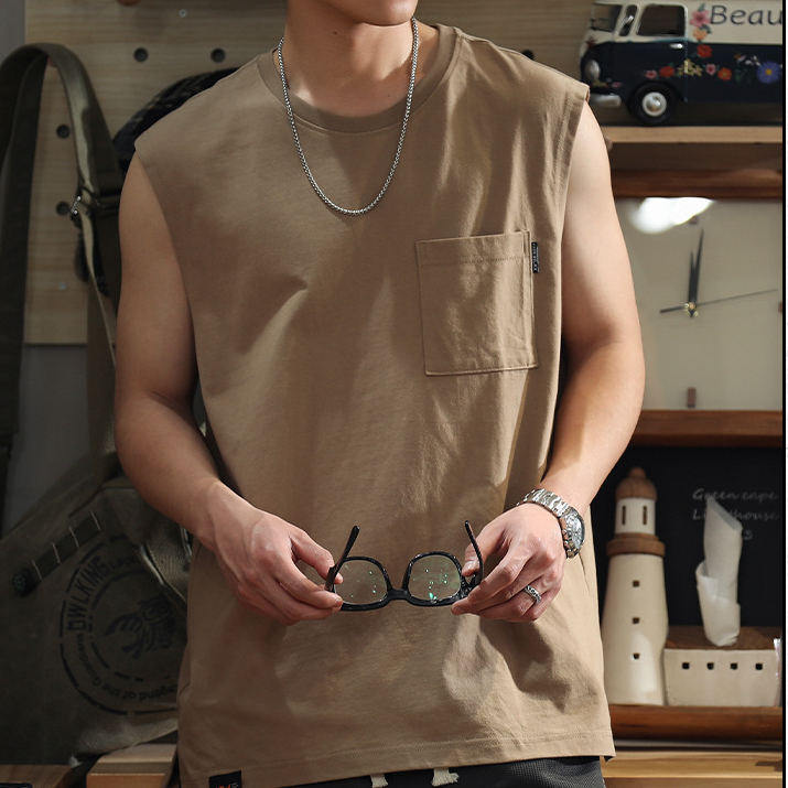 美式復古重磅純色寬鬆休閒健身無袖T恤-vivivale