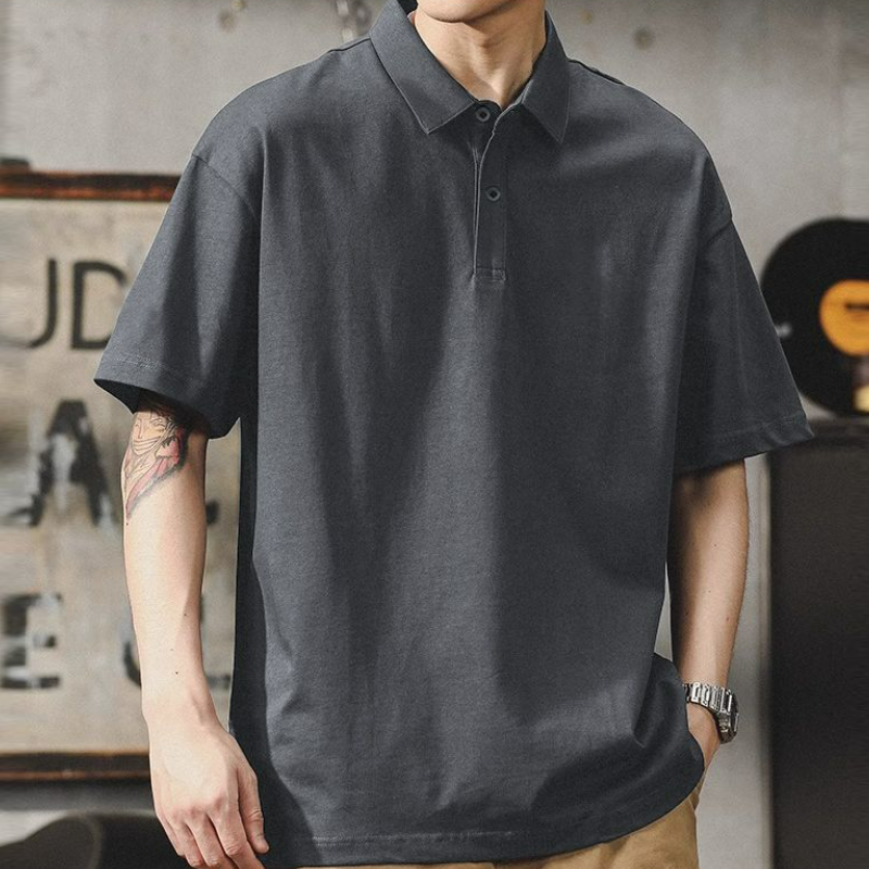 潮流帥氣寬鬆重磅純棉翻領純色t恤polo衫-vivivale