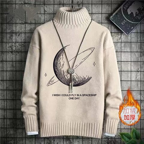 韓版卡通印花潮流針織衫一體絨半高領毛衣-vivivale