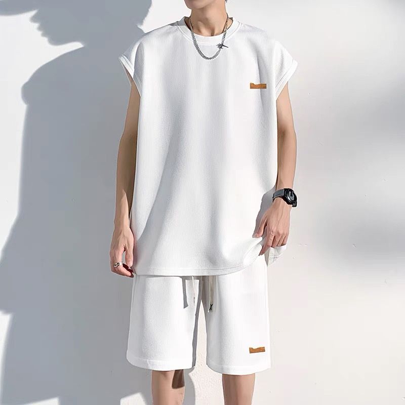 【套裝】冰絲速乾運動風健身無袖背心+短褲兩件套裝-vivivale