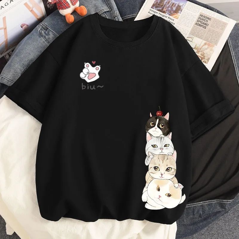 時尚休閑貓咪印花寬鬆大碼顯瘦短袖t恤