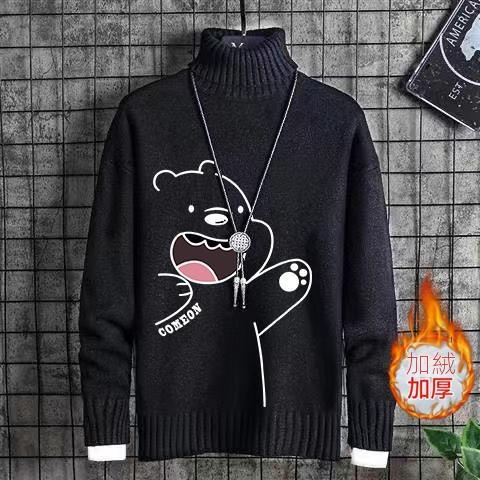 韓版卡通印花潮流針織衫一體絨半高領毛衣-vivivale