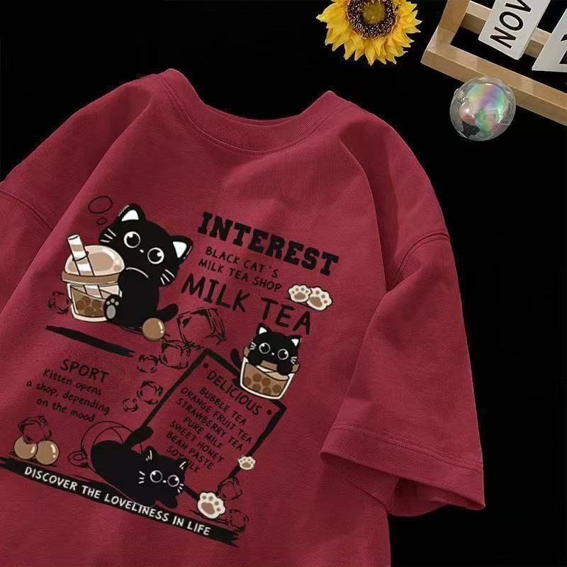 復古貓咪印花重磅港風情侶百搭休閒短袖t恤