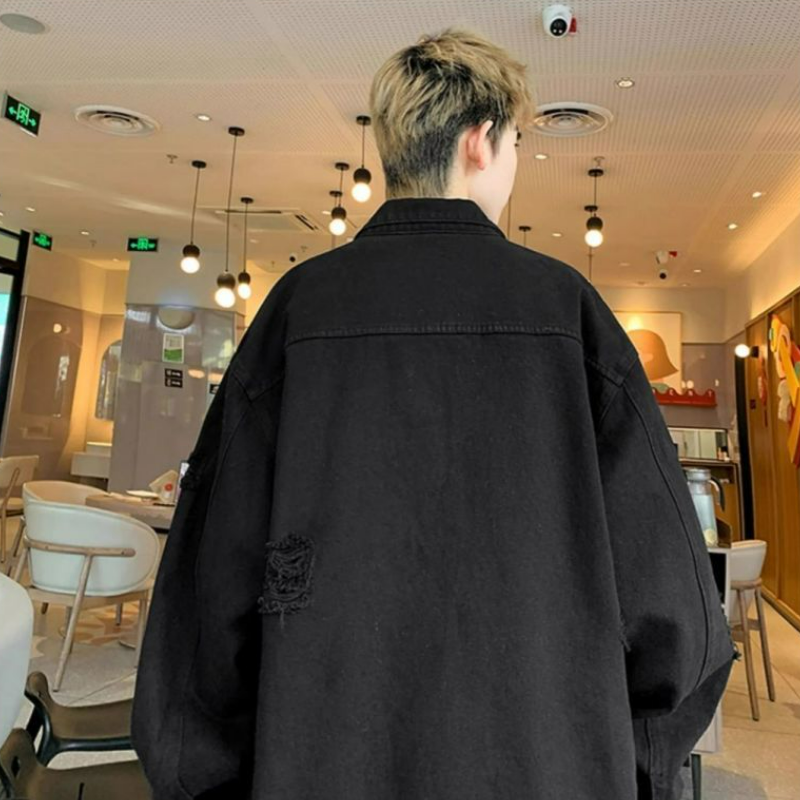 百搭高級感痞帥復古工裝夾克破洞牛仔外套-vivivale