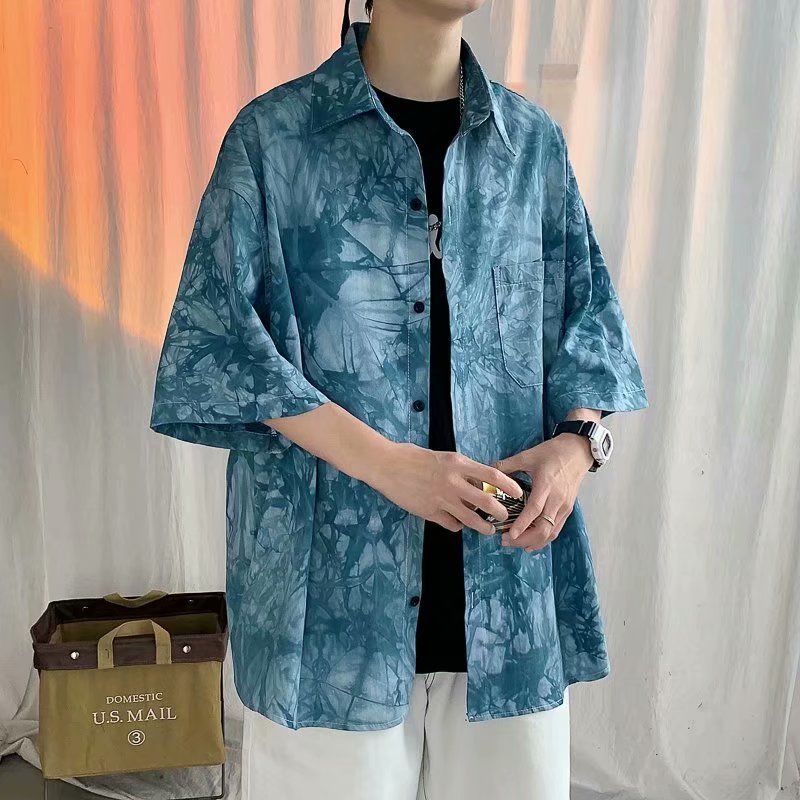 【整套】港風潮流韓版百搭短袖襯衫+休閑短褲兩件套