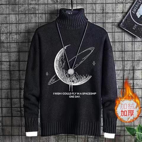 韓版卡通印花潮流針織衫一體絨半高領毛衣-vivivale