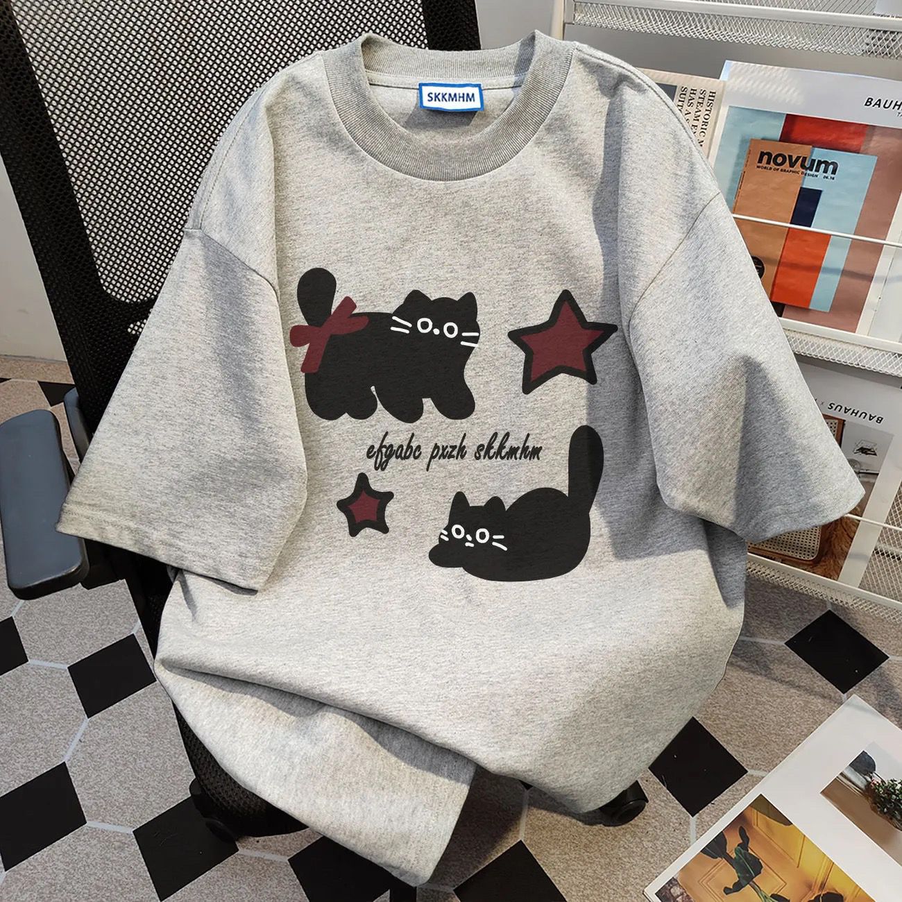 重磅純棉韓版潮流趣味可愛貓咪印花短袖T恤-vivivale