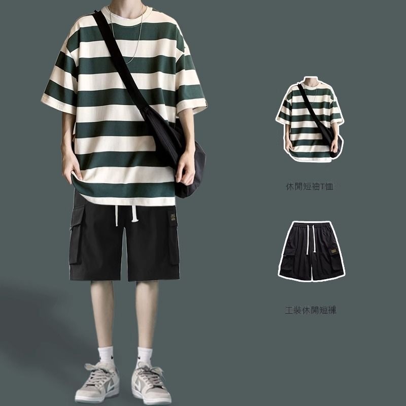 夏季條紋短袖t恤男潮牌日系工裝短褲休閒套裝港風痞帥氣搭配一套