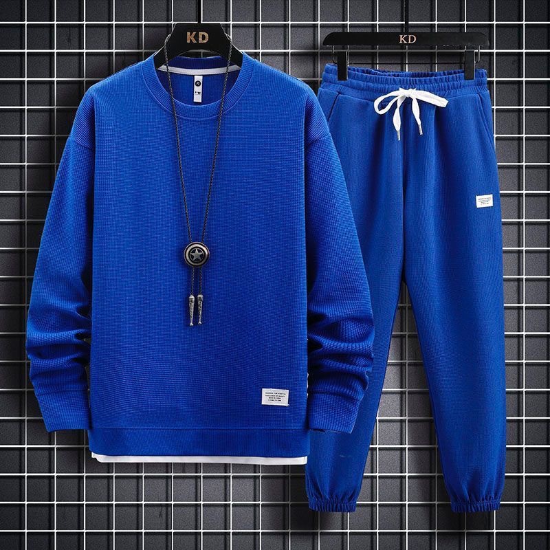 【整套】華夫格帥氣長袖衛衣+運動休閒長褲兩件套裝-vivivale