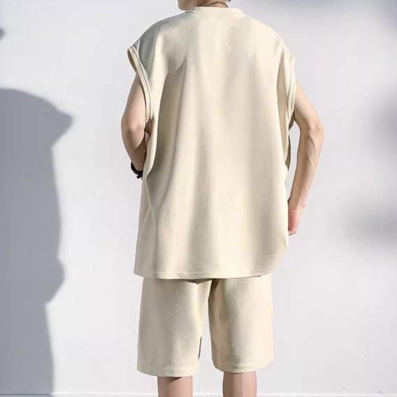 【套裝】冰絲速乾運動風健身無袖背心+短褲兩件套裝-vivivale