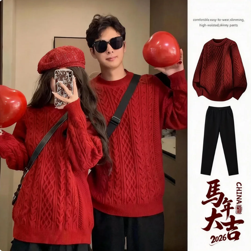 本命年慵懶高級感針織粗麻花情侶紅色毛衣