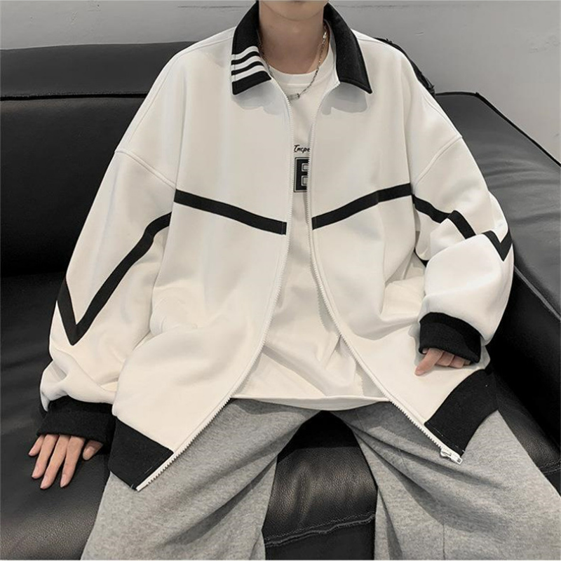 潮流港風寬鬆休閒夾克百搭情侶拼色外套