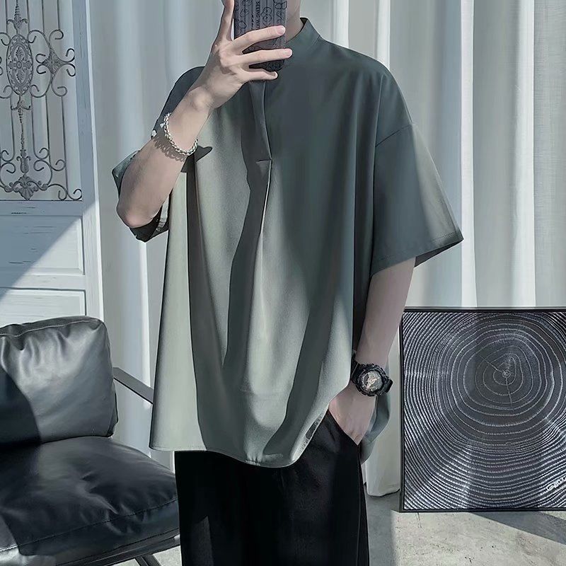 【單件/套裝】冰絲寬鬆立領襯衫+潮流純色五分褲兩件套-vivivale