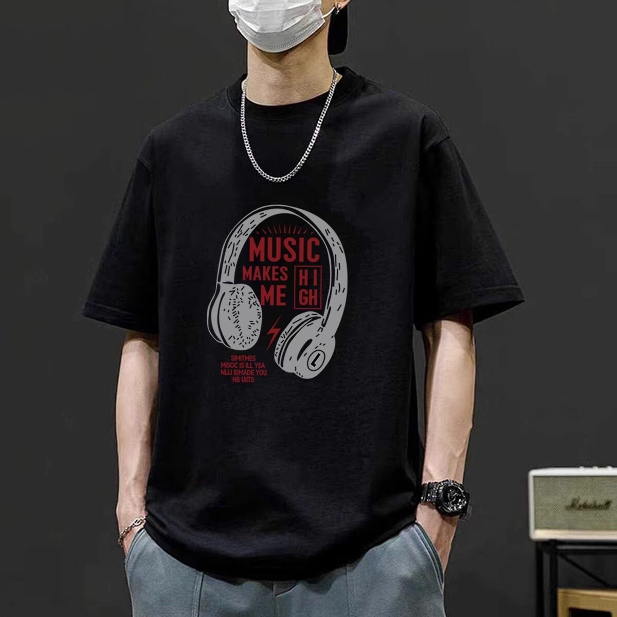 復古百搭大碼寬鬆耳機印花純棉短袖t恤