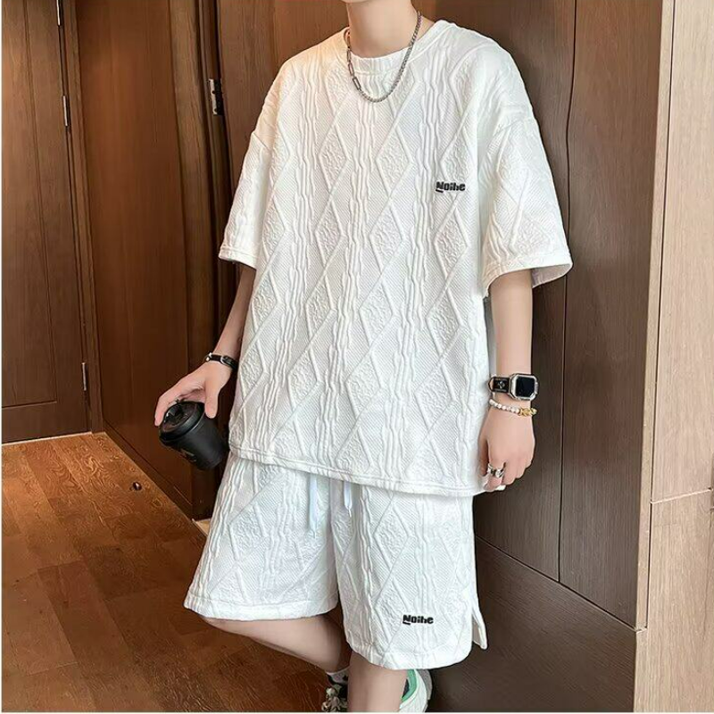 【整套】潮流痞帥百搭寬松圓領提花紋理短袖T恤+休閑短褲兩件套