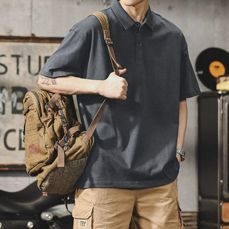 潮流帥氣寬鬆重磅純棉翻領純色t恤polo衫-vivivale