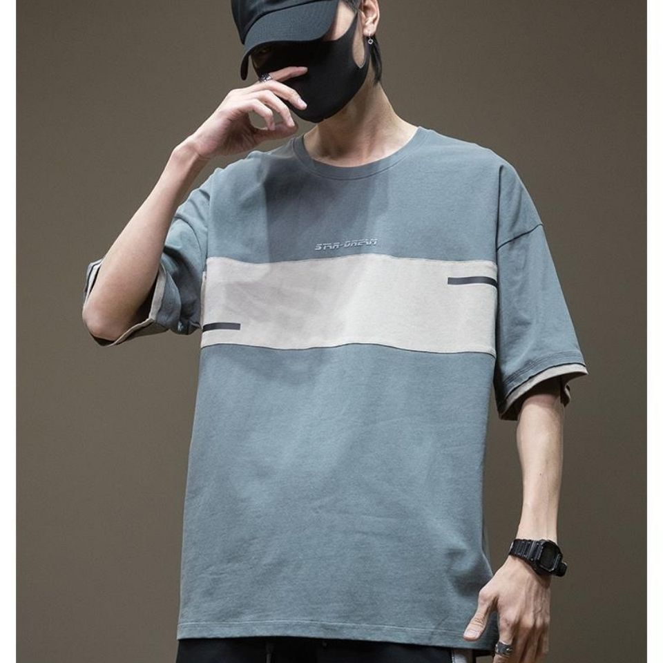 日系拼接百搭寬鬆圓領純棉短袖T恤-vivivale