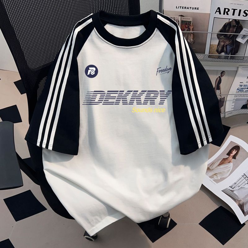 美式潮流字母印花寬鬆三條杠純棉短袖T恤-vivivale