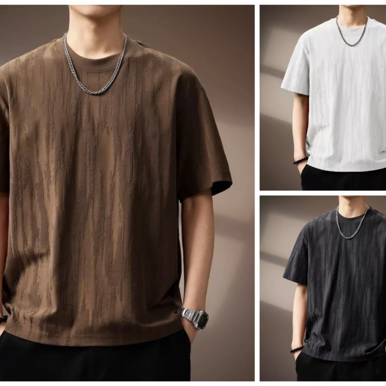 重磅百搭提花圓領復古寬鬆短袖T恤-vivivale