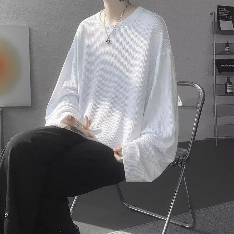 日系潮流慵懶原宿百搭肌理純色褶皺長袖t恤