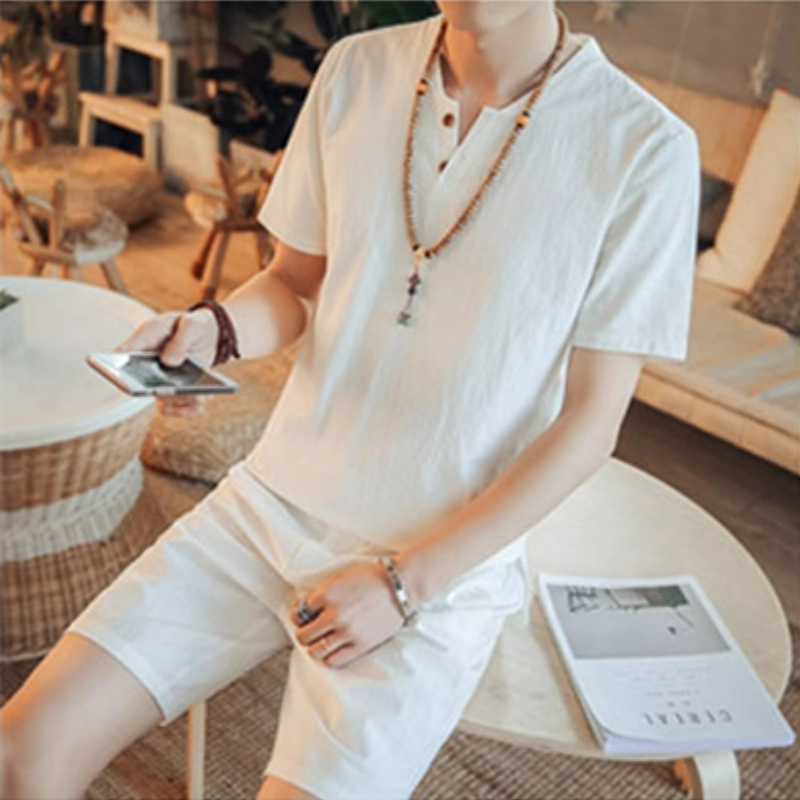 亞麻休閒寬鬆復古棉麻v領短袖T恤-vivivale