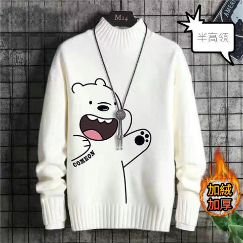 韓版卡通印花潮流針織衫一體絨半高領毛衣-vivivale