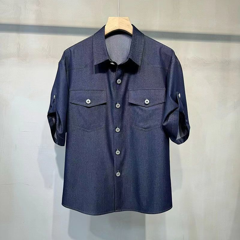 【單件/套裝】薄款五分袖時尚潮流冰絲牛仔襯衫+寬松休閑褲兩件套