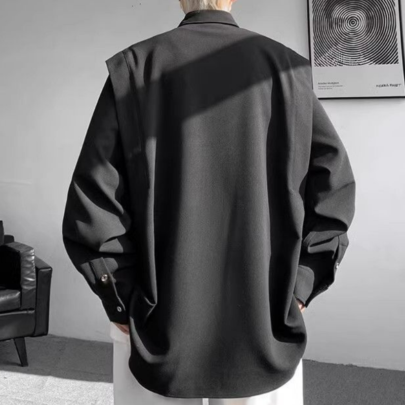 高級感痞帥廓形百搭美式潮牌假兩件長袖襯衣