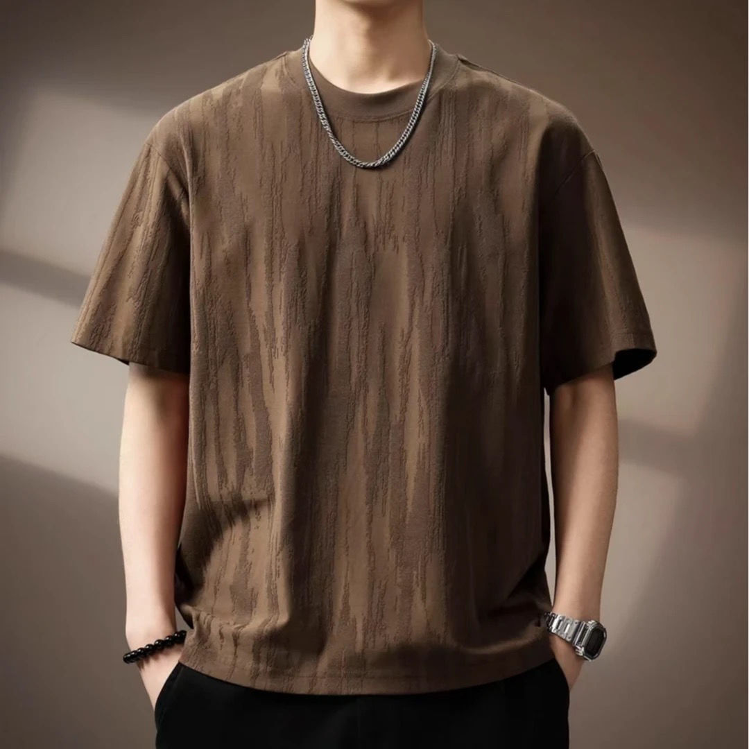 重磅百搭提花圓領復古寬鬆短袖T恤-vivivale