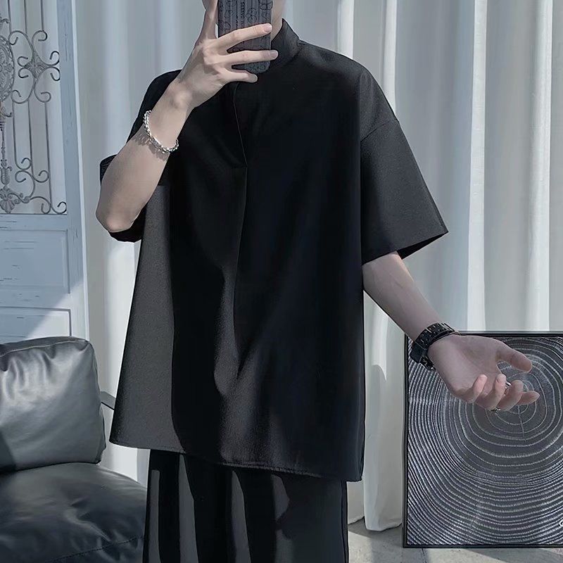 【單件/套裝】冰絲寬鬆立領襯衫+潮流純色五分褲兩件套-vivivale