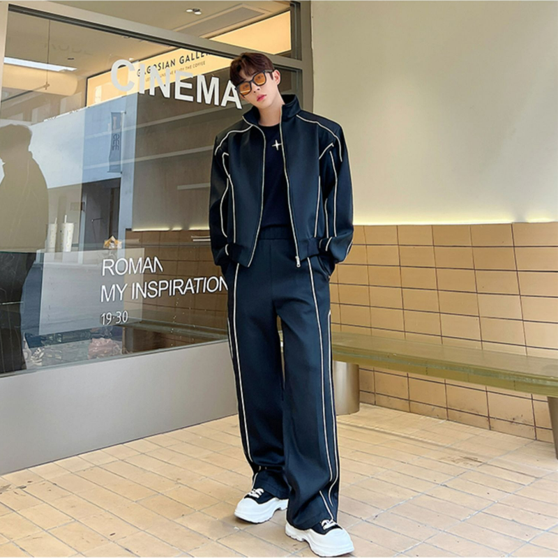 【整套】高級感寬鬆設計感夾克+休閒運動闊腿褲兩件套裝-vivivale
