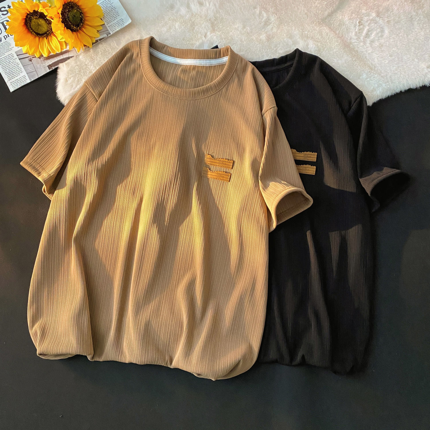 【套裝】冰絲運動風簡約休閒圓領短袖+短褲兩件套裝-vivivale