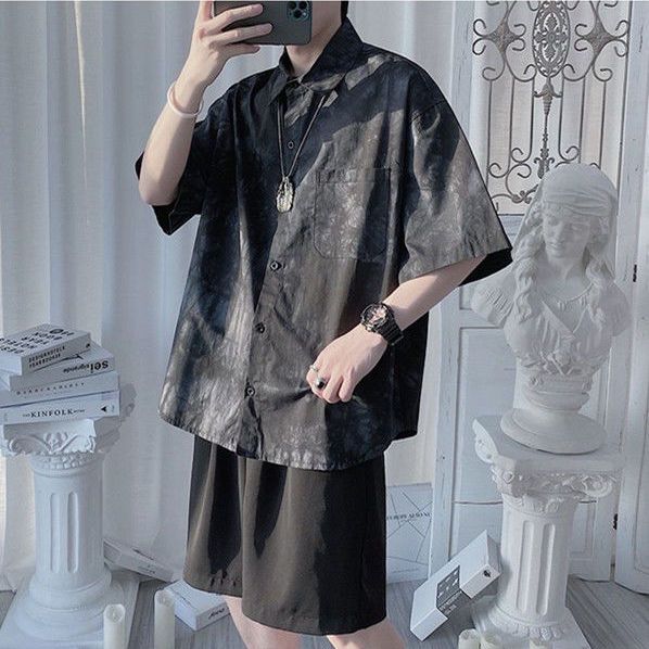 【整套】港風潮流韓版百搭短袖襯衫+休閑短褲兩件套