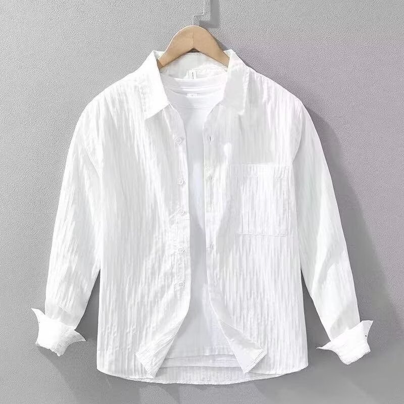 美式復古休閒長袖高級純色寬鬆襯衫-vivivale