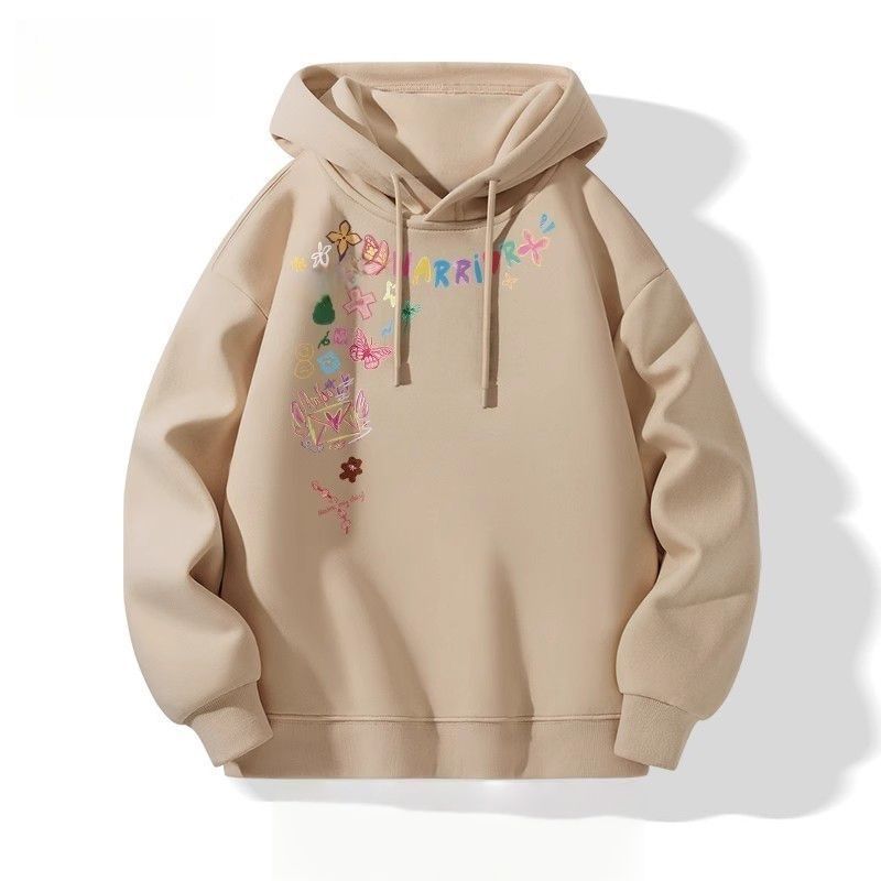 美式塗鴉花卉印花寬鬆休閒連帽情侶衛衣-vivivale