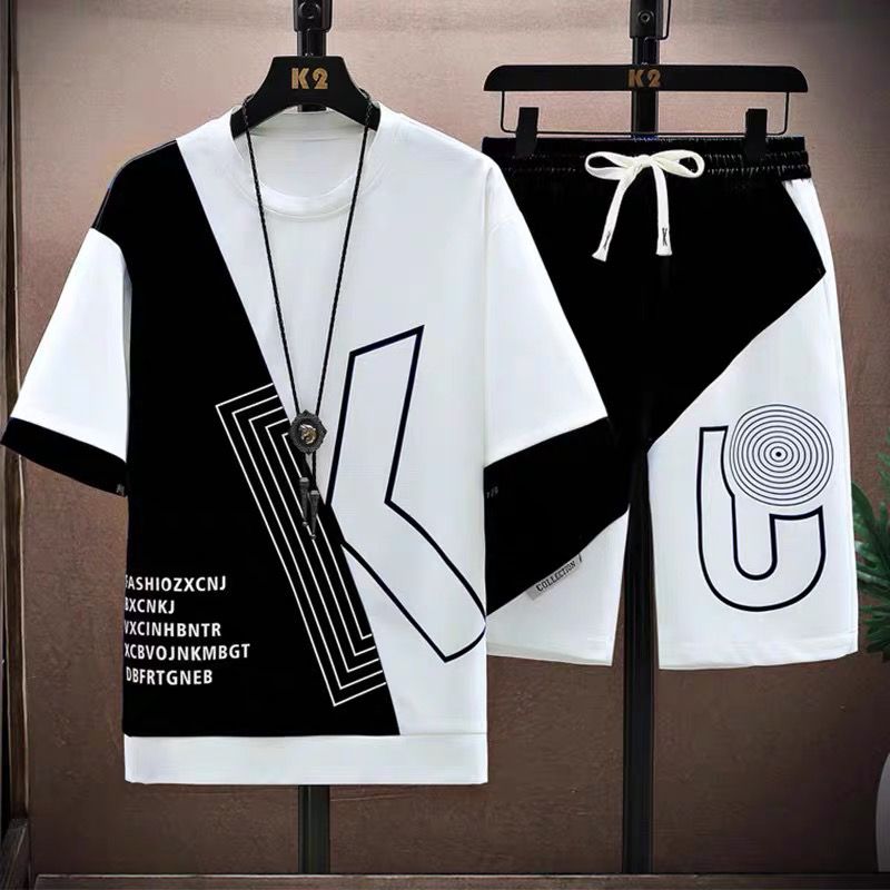 【套裝】休閒運動撞色冰絲短袖+鬆緊腰抽繩短褲兩件套裝-vivivale