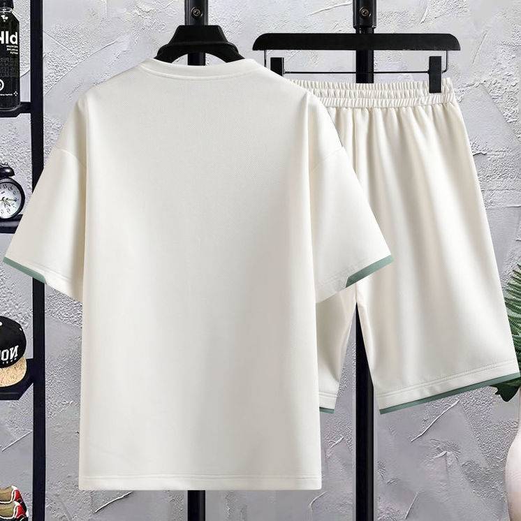 【整套】休閒圓領帥氣短袖T恤+鬆緊腰抽繩短褲兩件套裝-vivivale